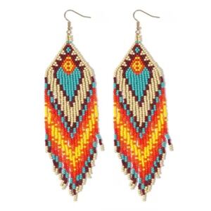 Southwestern Seed Bead Earrings 5” Long – Tan Turquoise Red Boho Festival